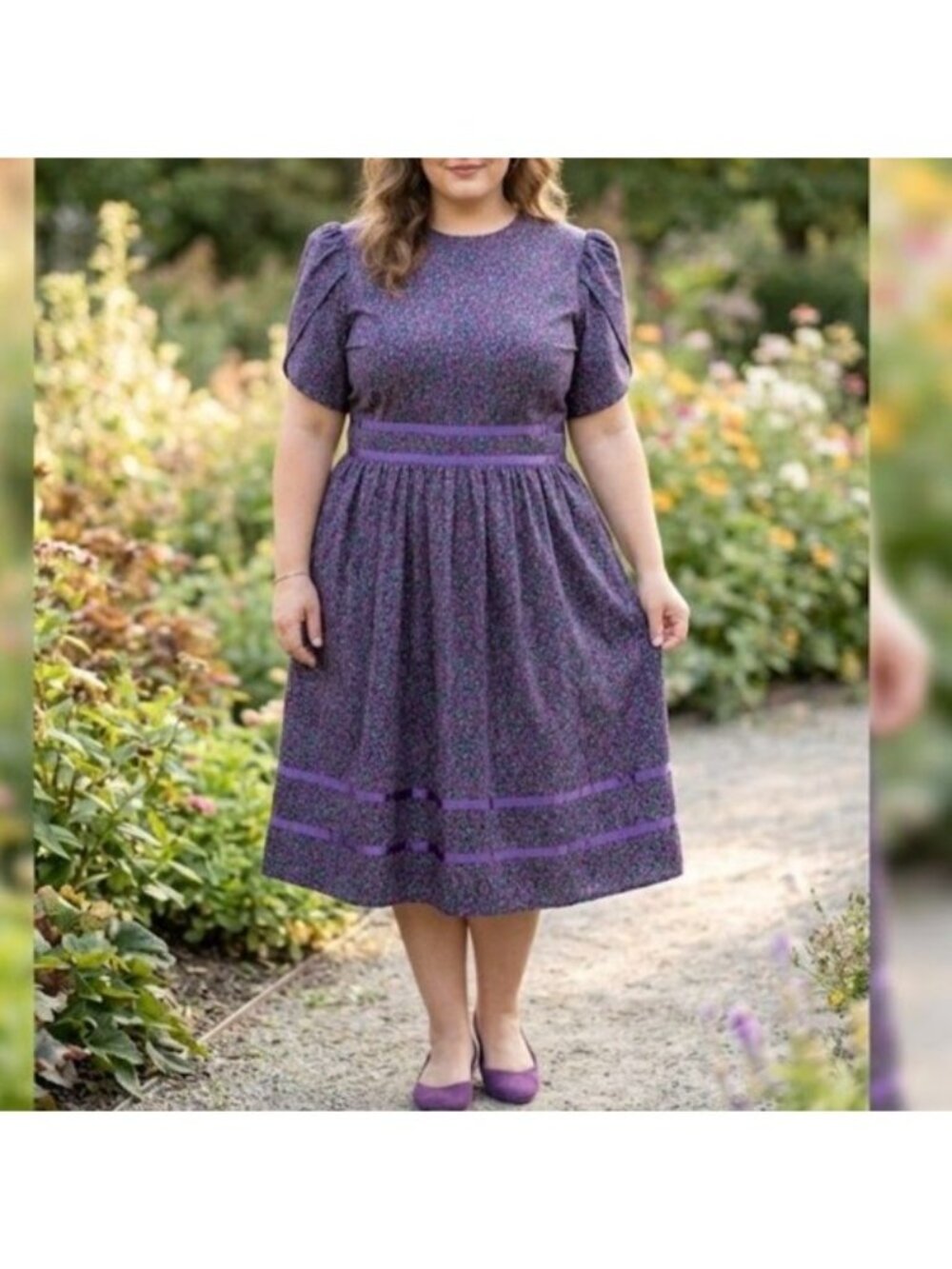 Vintage 90s Ditsy Floral Dress Womens Size XL Purple Cottagecore Prairie Grunge